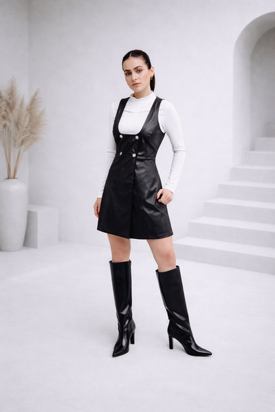 ,,Faux''' &ndash; Dwurzędowy Sarafan z Eko-Sk&oacute;ry, Dostępny, Czarny, S