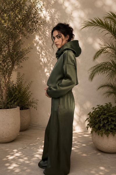 "Olive Grove" Satin Lounge Set, Dostępny, Zielony, XS