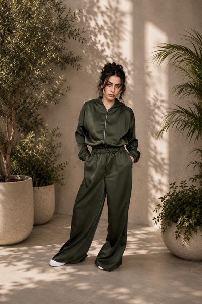 "Olive Grove" Satin Lounge Set, Dostępny, Zielony, XS