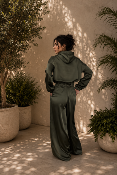 "Olive Grove" Satin Lounge Set, Dostępny, Zielony, XS