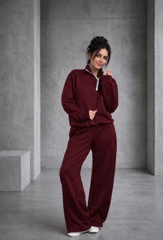 Cotton  Wide Leg Set, Dostępny, Bordowy, XS