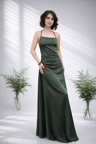 Sukienka Satynowa "Emerald Night" z Odkrytymi Plecami, Dostępny, Zielony, XS