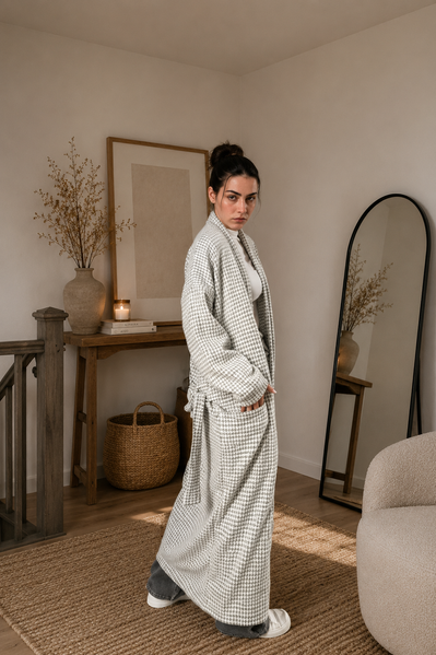 Długi Kardigan Kimono z Wiązaniem w Pepitkę, Dostępny, XS/S